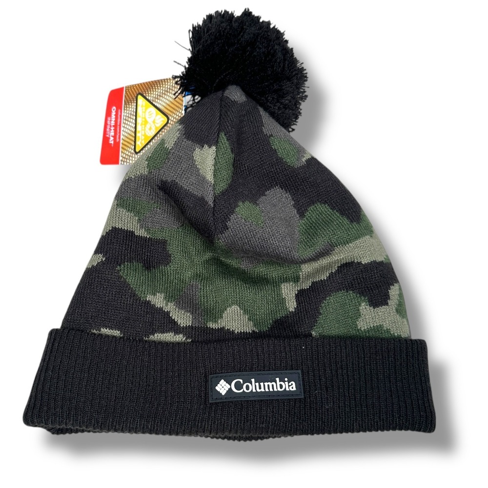 Columbia Polar Powder II Beanie Hat Unisex OS Green Black Camo Pom-Pom New